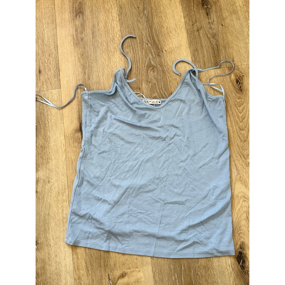 Zara Ribbed Tie-Shoulder Cami Tank Top Women’s Large Light Blue NWT